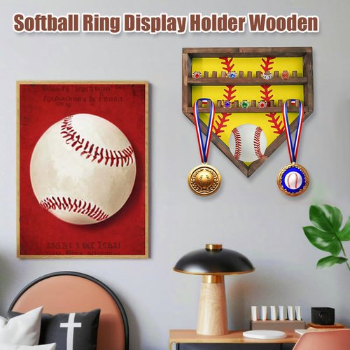 Baseball Championship Ring Display Case, Softball Football Basketball Ring Holder Wood, 24 Ring Posts, Sports Medal Wall Mount Display Box for Men Boy (Bright Green)