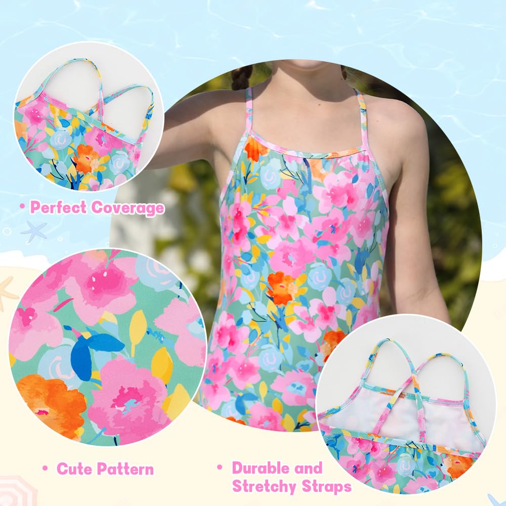 Belovance Girls Swimsuits One Piece Bathing Suit with Criss Corssback Straps 5t Size 6 Toddler Kids Children Swimming Suit Pink Floral Beach Swimwear Quick Dry (Pink Floral, 5-6 Years)