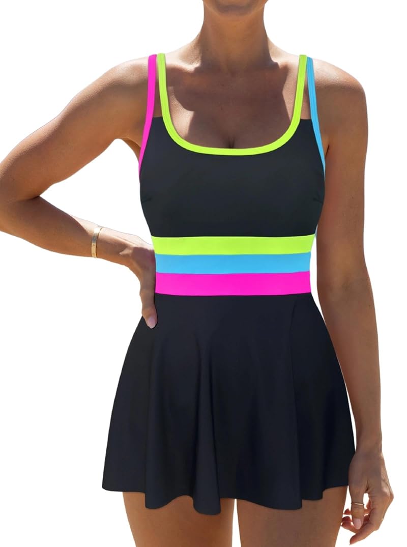 Popvil Women One-P Piece Swim Dress Swimsuit with Tummy Control, Neon Trim, Adjustable Straps, Black & Neon XL