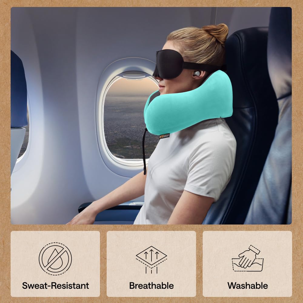 GORILLA GRIP Adjustable Travel Neck Pillow for Airplanes, CertiPUR-US® Memory Foam, Soft Velvet, Cooling Mesh Pillows, Support Headrest for Sleeping, Traveling Essentials, Flight Accessories Turquoise