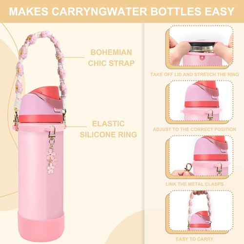 Comprehensive Compatible Owala Accessories Set: Silicone Boot for 24oz & 32oz Bottles, Water Bottle Handle Strap, Bottle Seal Ring, Replacement Stopper, Charms, Compatible Owala FreeSip (Pink, 24 oz)