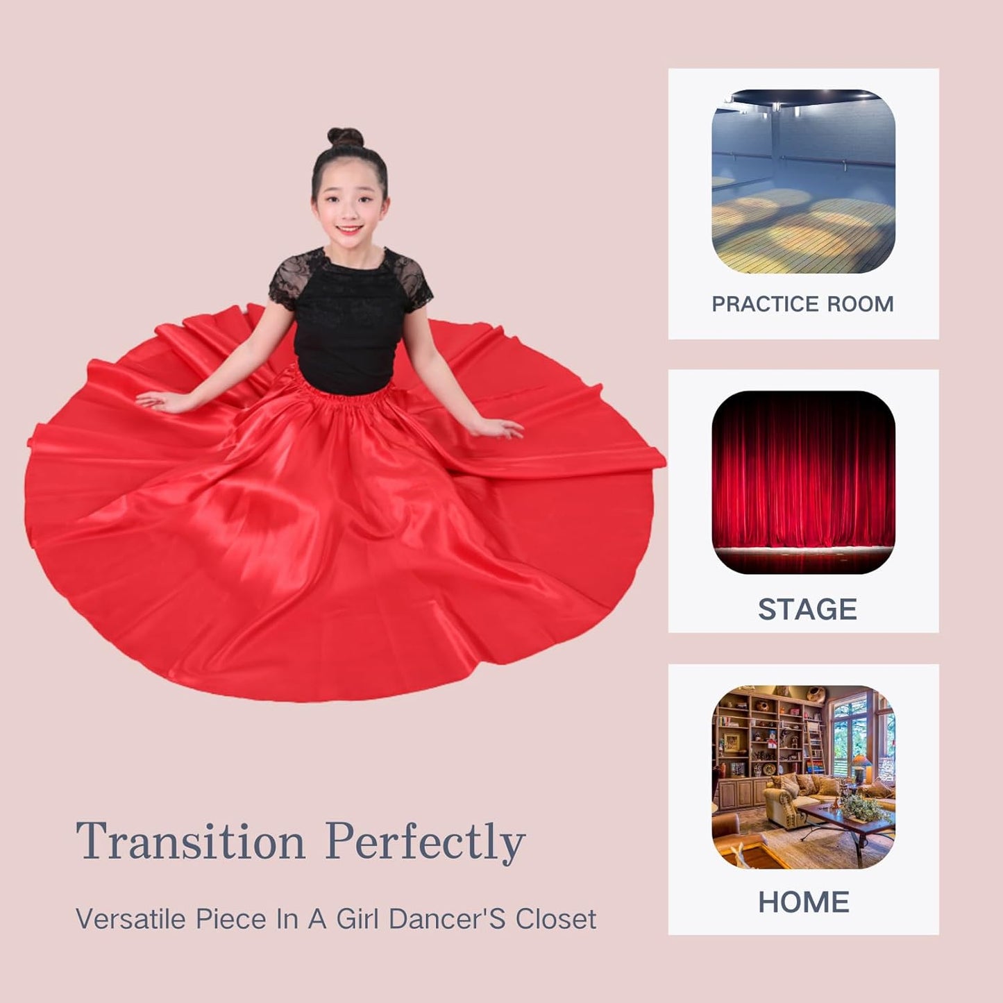 2 Pcs Long Satin Skirt for Girls Full Dancing Circle Skirt for Kids 8-12 Years