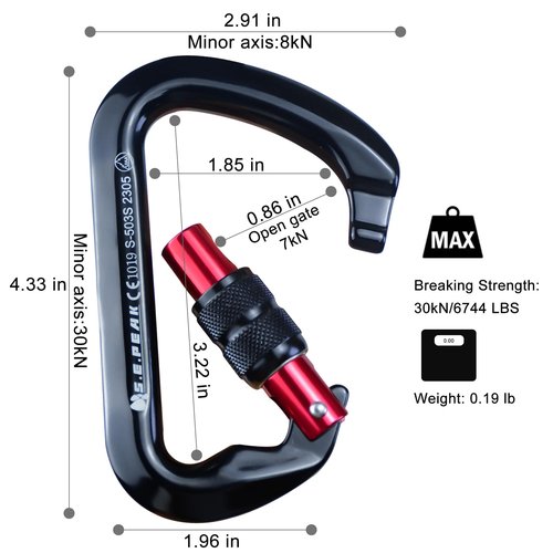 SEPEAK UIAA CE 30kN Locking Climbing Carabiner, Professional Heavy Duty Screwgate Clip for Outdoor Climbing, Mountaineering, Rappelling, Camping, Hiking, Swing, Large D Carabiner Hook/6744lb,2pc,Black