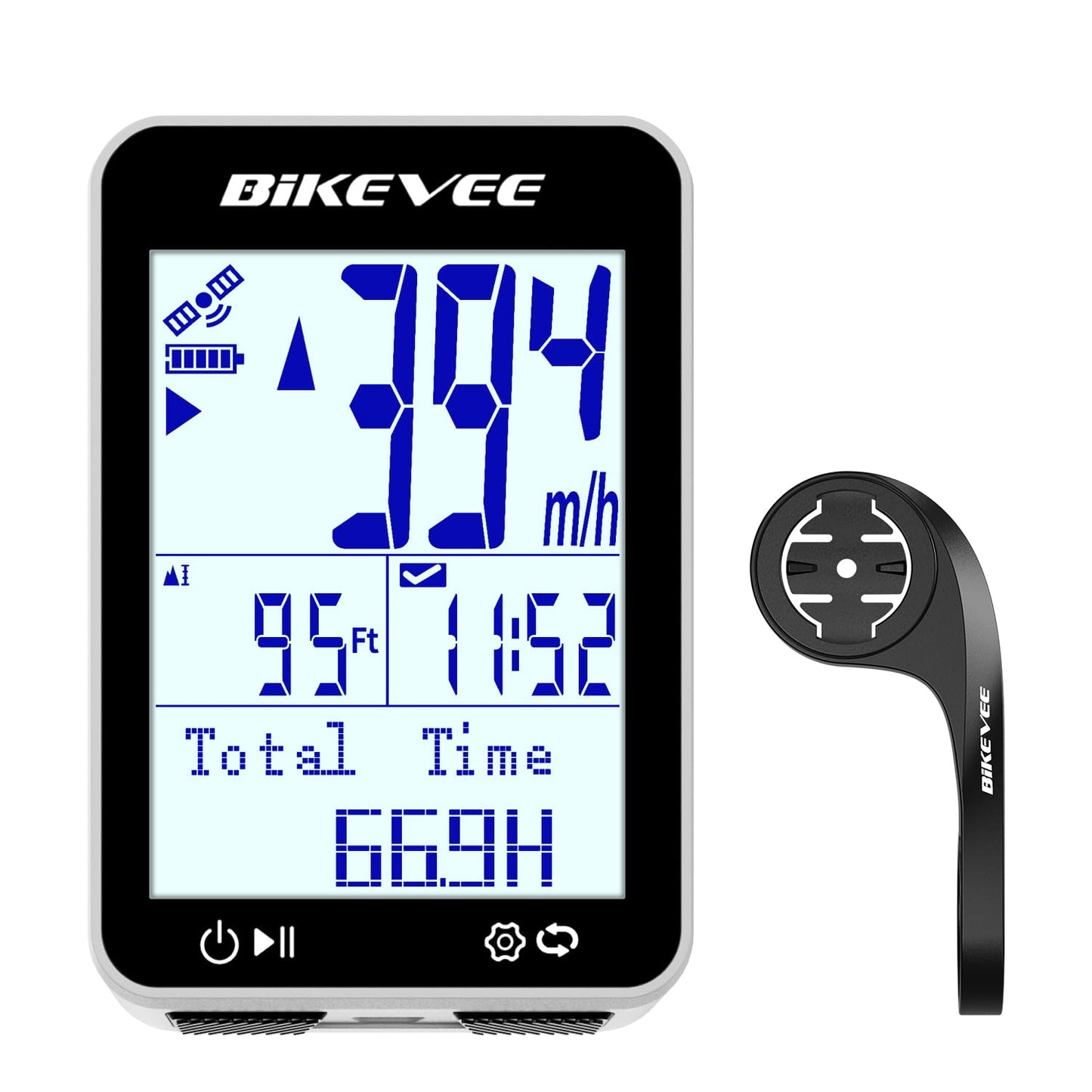 Bikevee GPS Bike Computer Wireless Bicycle Speedometer Odometer 9 Languages Auto Backlight Auto Start Stop IPX7 Waterproof 2.4 Inch LCD with Out Front Mount Supports MPH KMH - White