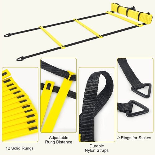 Speed Training Equipment Set, 12 rungs Agility Ladder, 12 Soccer Cones, Jump Rope, Running Parachute, Resistance Bands, Basketball Football Soccer Training Equipment for Kids Youth Adults (Yellow)