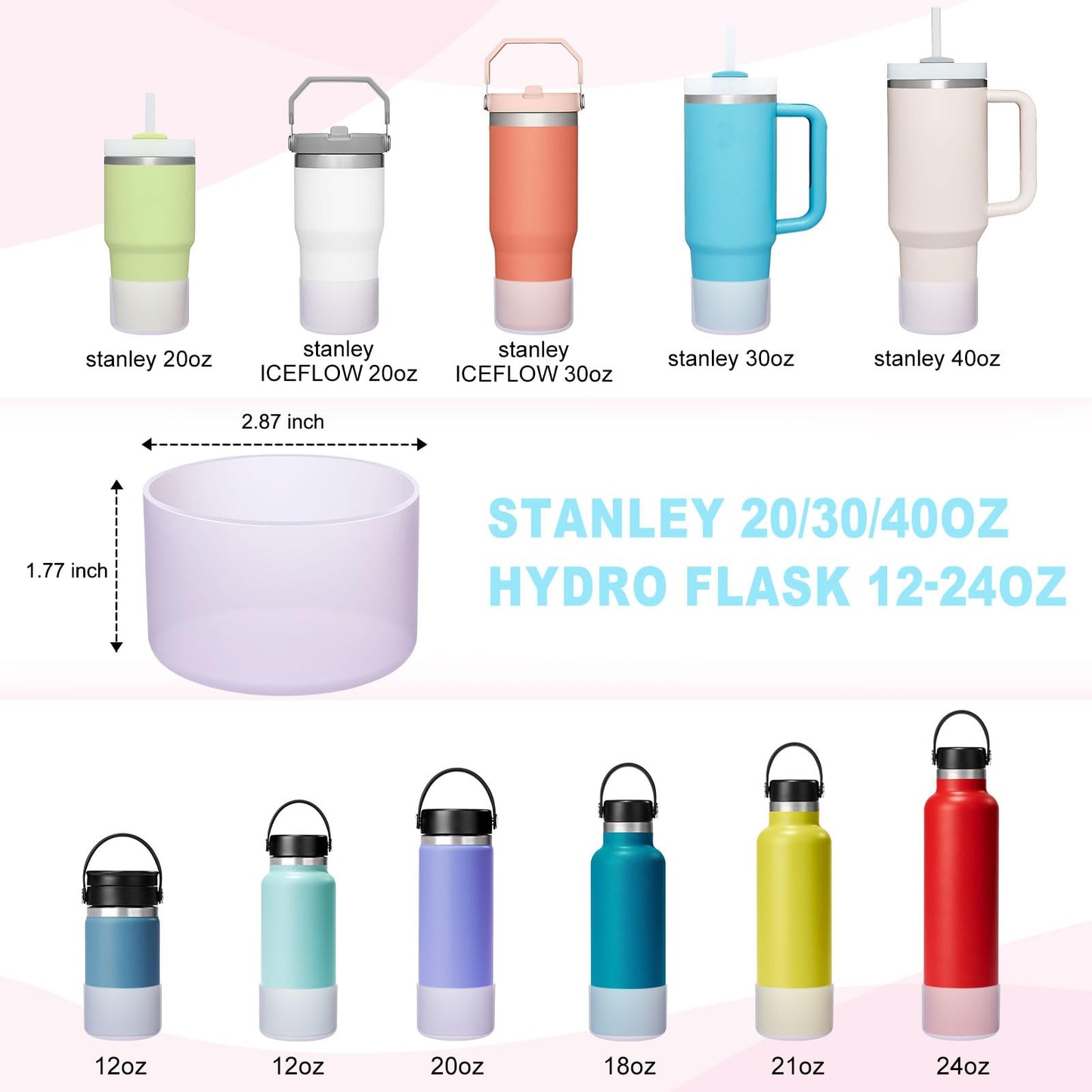 2-Pack Silicone Boot for Stanley 40 30 20 OZ Cup Accessories, Light Purple Boots for Stanley 20OZ 30OZ Tumbler Ice-Flow 16OZ Bottle, Protector Sleeve Cover for Yeti Cups Protective Bumper, Anti-Slip