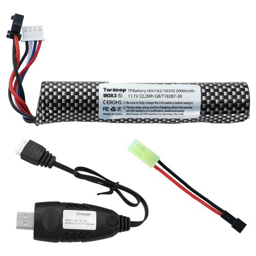 Tosiicop Airsoft Gel Blaster Battery - 11.1V 2000mAh Water Bead Splatter Ball Batteries with Mini Tamiya to SM2P Plug Rechargeable Charger Cable for Splat Ball Replacement - 1 Pack