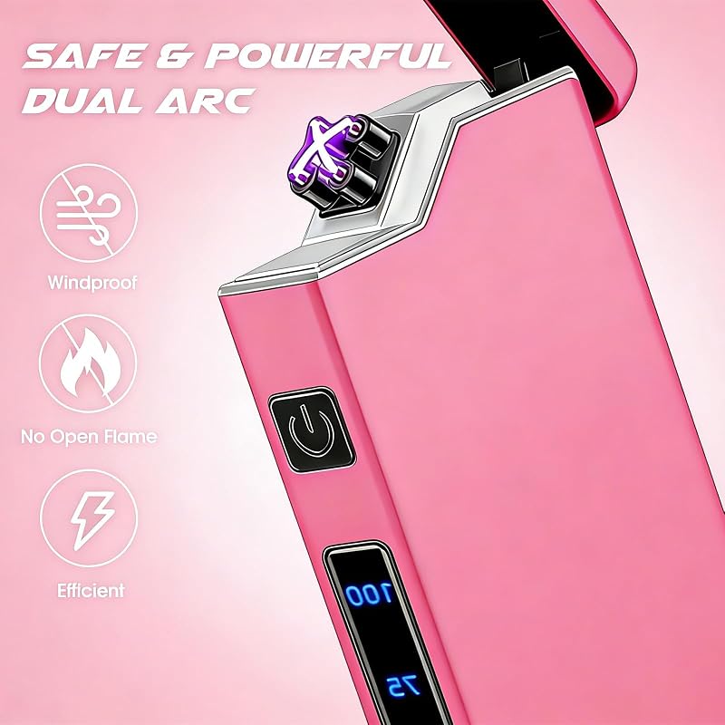 Electric Pink Plasma Lighter – USB Rechargeable, Windproof Flameless Coil with Battery Indicator