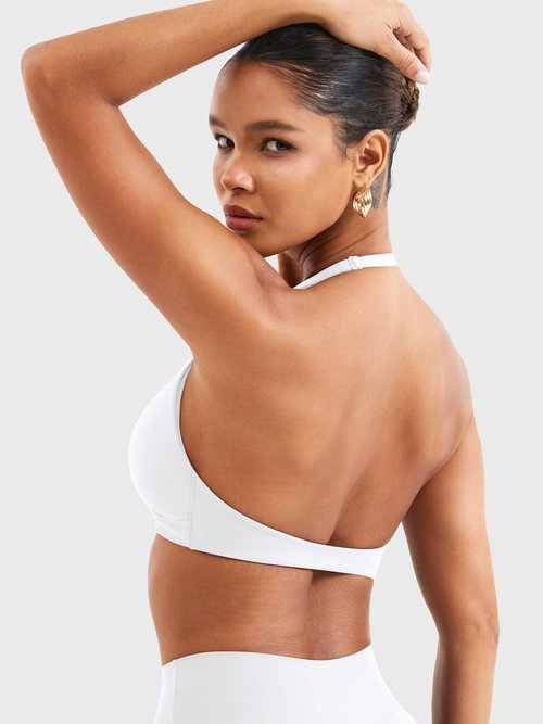 YEOREO Halter Sports Bras for Women Low Impact Removable Padded Adgustable Front Twist Deep V Bra Seamless Workout Gym Crop Tops White M