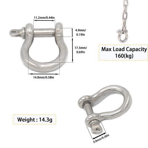 8pcs Screw Pin Anchor Shackle, Stainless Steel M5 Bow Shackle, 3/16 Inch D Ring Clevis Shackle, Anchor Shackle with Screw Pin for Chains Wirerope Paracord Outdoor Camping
