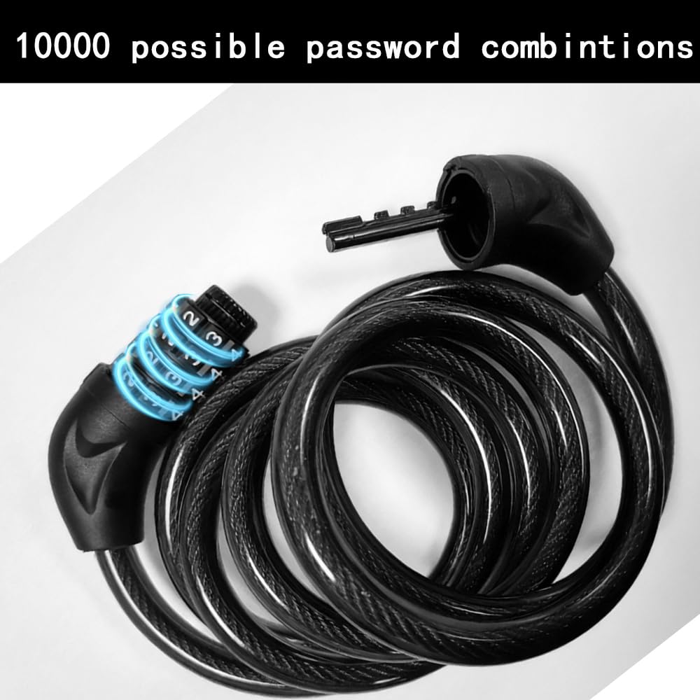 Bicycle Cable Lock, 4-Digit Combination, 6-Foot Long, Resettable Anti-Theft Bicycle Lock,Accessories for Mountain Bike, Road Bike, Electric Bicycle, Scooter（Black）