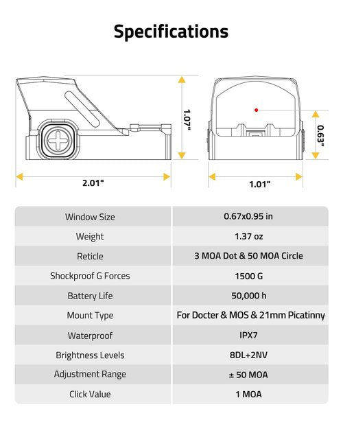 CVLIFE WolfCovert Multi-Reticle Red Dot Sight for Doctor Cut, 3 MOA Dot & 50 MOA Circle Reflex Sight Motion Awake, Pistol Scope with Fiber Optic and Adapter for MOS & 21mm Picatinny