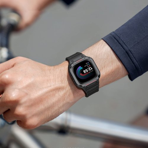 FINTIE Bands with Case Compatible with Fitbit Versa 4/3/2/1/Versa Lite/Fitbit Sense 2/Sense, Protective Case Strap Rugged Sport Band Men, Black