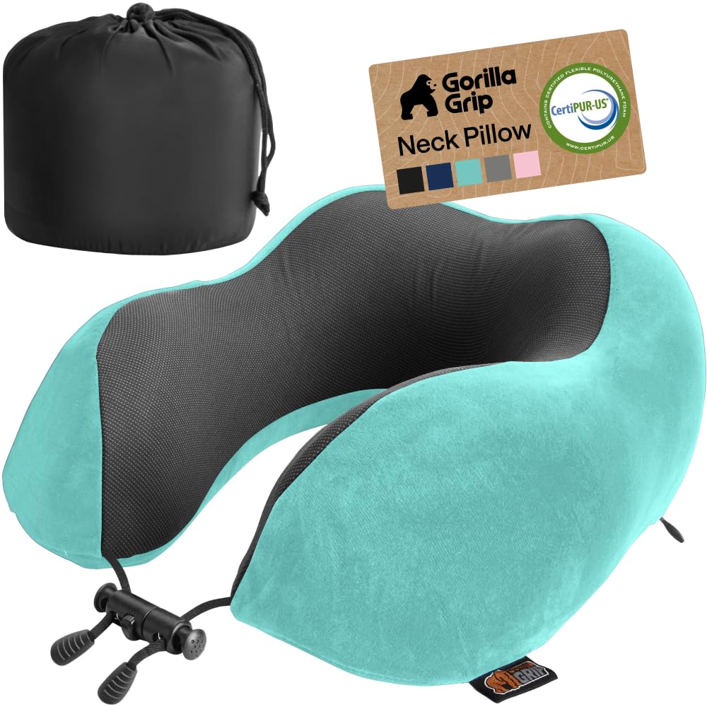 GORILLA GRIP Adjustable Travel Neck Pillow for Airplanes, CertiPUR-US® Memory Foam, Soft Velvet, Cooling Mesh Pillows, Support Headrest for Sleeping, Traveling Essentials, Flight Accessories Turquoise