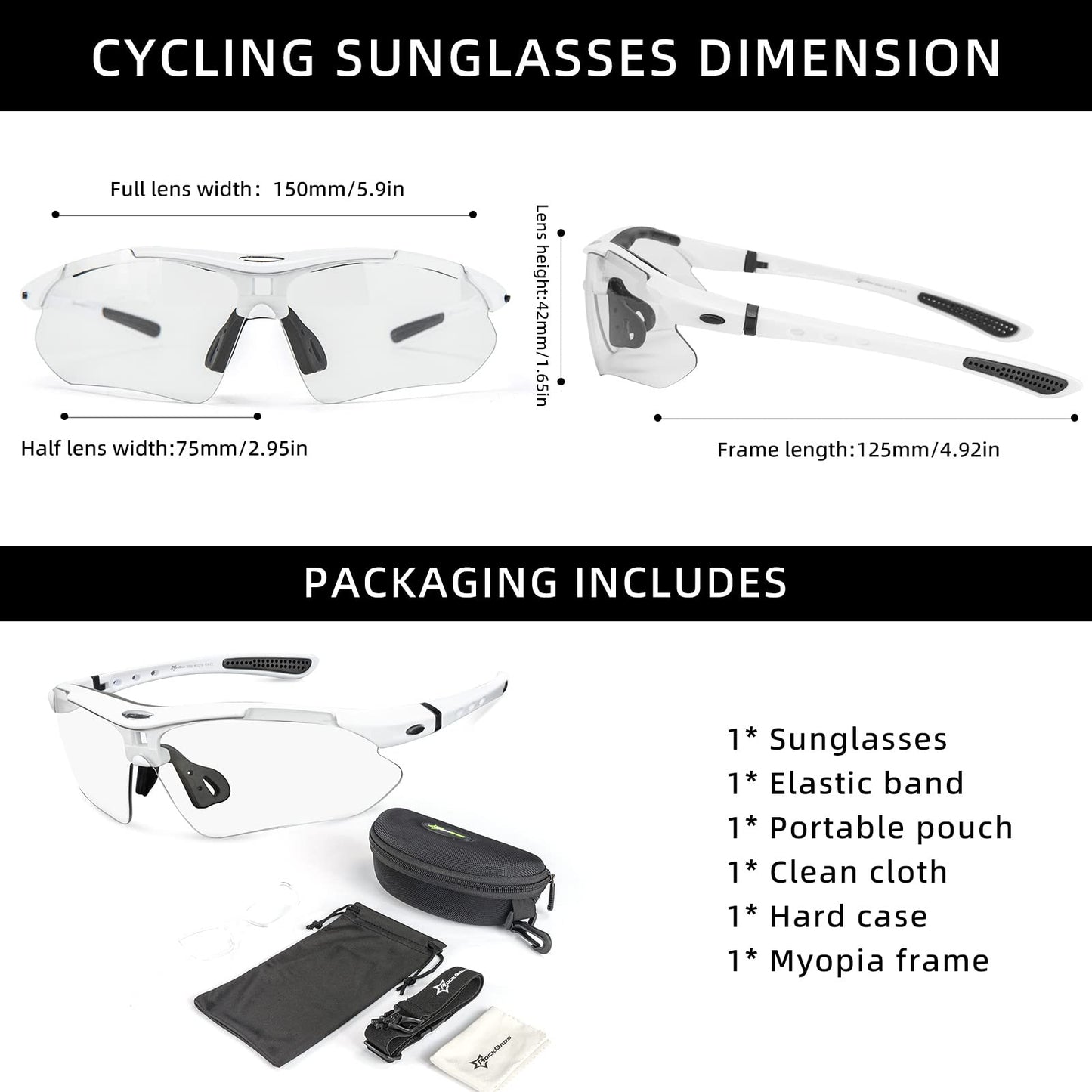 ROCKBROS Pickleball Glasses for Men Women Photochromic Sports Sunglasses UV400 Protection Interchangeable Strap