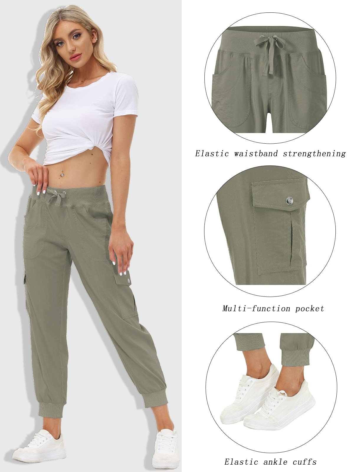 MoFiz Women's Hiking Pants Cargo Joggers Sweatpants with Pockets Lightweight Quick Dry Outdoor Summer Casual Athletic Elastic Waist Grey Khaki XL