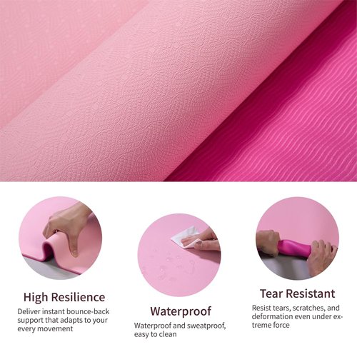 Non-Slip TPE Yoga Mat, 72"x24" Extra-Long Pilates Mats for Hot Yoga, HIIT, Floor Workouts, Lightweight Fitness Mat for Women & Men (Pink)