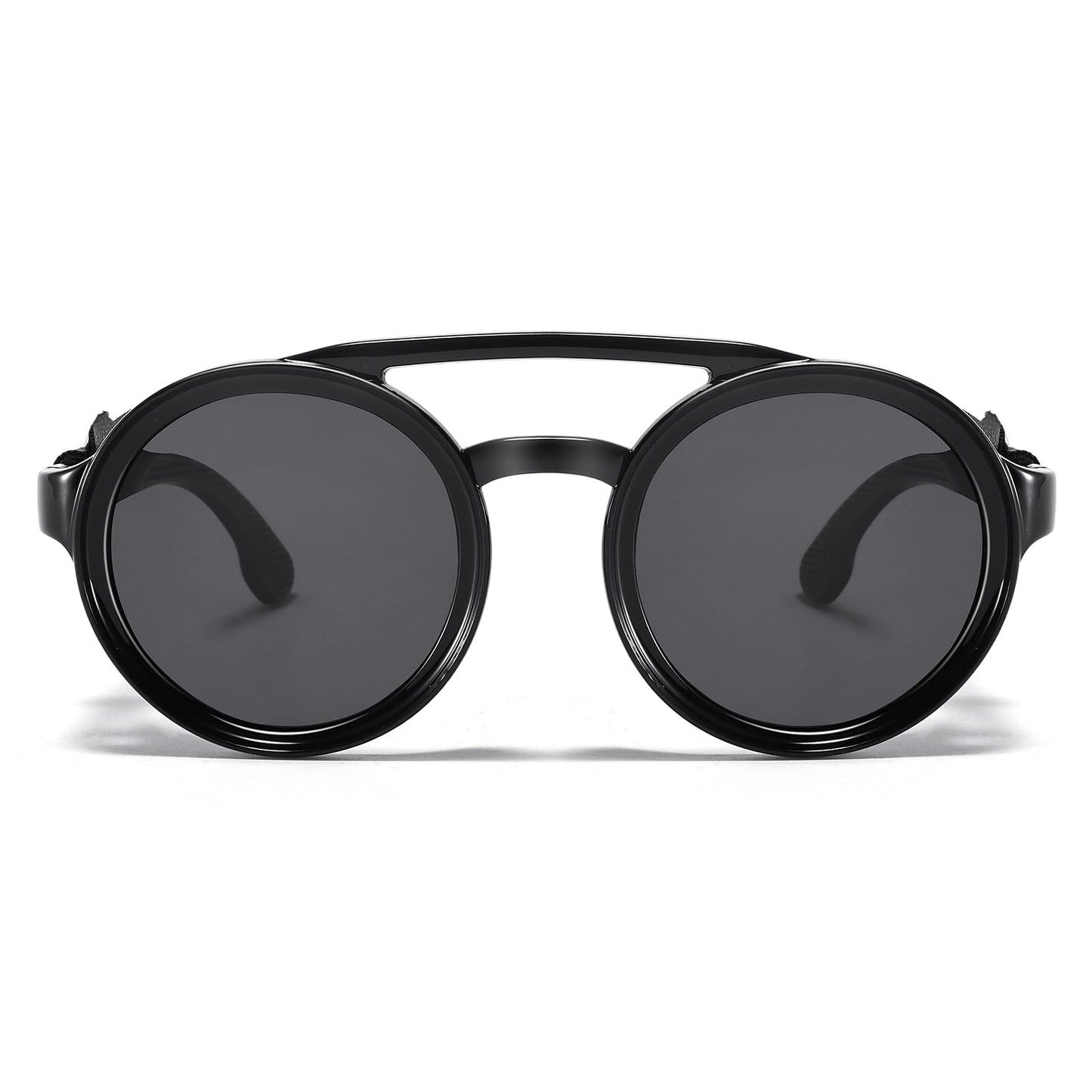 MUDIWRLO Polarized Round Steampunk Sunglasses with Leather Side Double Bridge Shield Retro Eyewear for Men Women(Black)