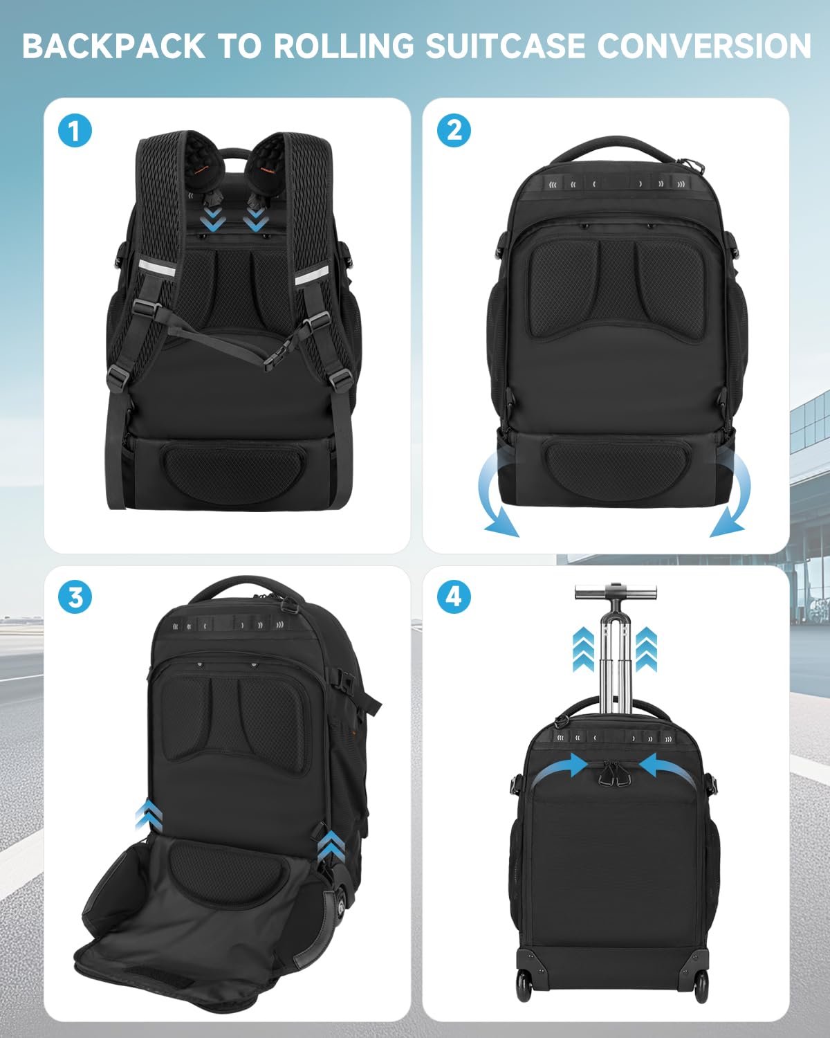 Rolling Backpack, 56L Large Backpacks with Wheels-Splits into Daypack & Laptop Backpack Fits 17 Inch Laptop,Water-Resistant & Carry-On Friendly for College,travel,camping,Weekender Hiking Black