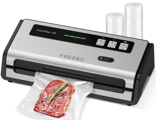 FRESKO Food Vacuum Sealer Machine with Automatic Bag Detection, Vacuum Sealer for Food with Built-in Cutter & Bags Storage, Double Heat Seal, 2 Rolls Bags, Silver-Black
