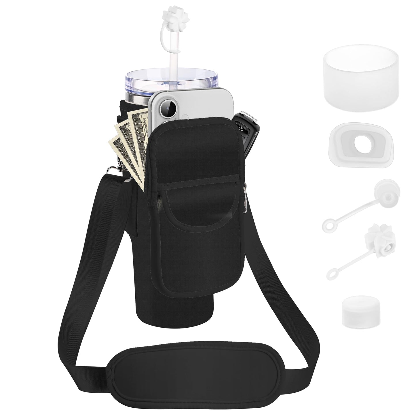 BOCMTR Water Bottle Holder with Strap for Stanley 30/40 oz Tumbler, Fashion Stanley Cup Bag with Big Phone Pocket, Silicone Boot, Straw Cover & Leak Proof Stoppers