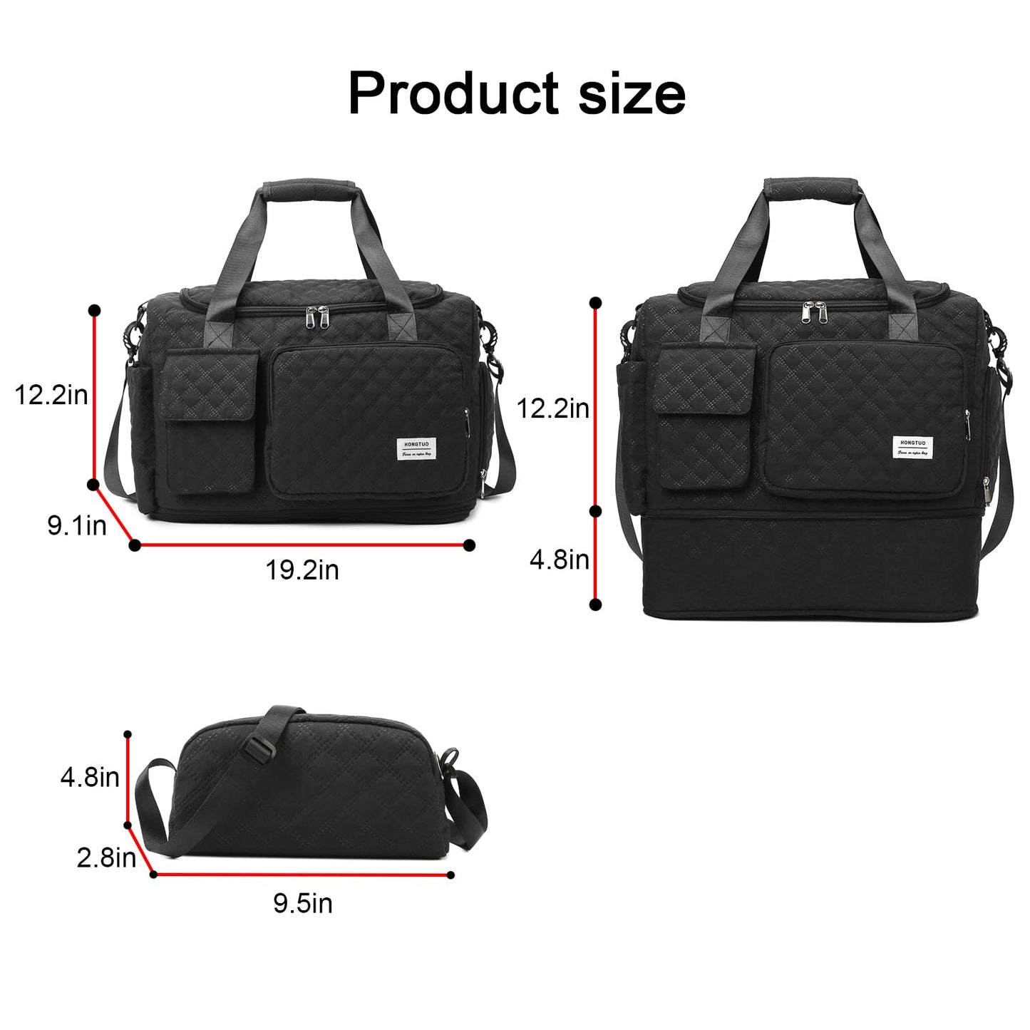 Black Weekender Travel Bag for Women with Shoe Compartment, Waterproof Extendable Travel Duffle Bag, Overnight Gym Tote Bag, Carry On Bag with Toiletry Bag