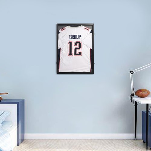 PKHROR Jersey Frame Display Case Large Lockable Sports Jersey Frame Shadow Box with Uv Protected Acrylic and Hanger for Baseball Basketball Football Soccer Hockey Sport Shirt Linen Black
