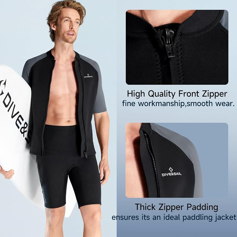 1.5mm Neoprene Wetsuit Top Jacket with Front Zip — Short Sleeve, Black, Men's Large
