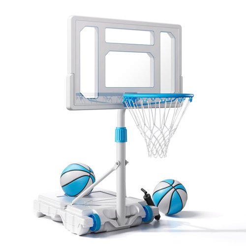 Swimming Pool Basketball Hoop Poolside, Stainless Steel Adjustable Pool Basketball Goals System with 32 Inch Shatterproof Backboard, 2 Balls & Pump Included