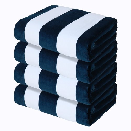 Exclusivo Mezcla 4 Pack Cotton Oversized 35x70 Inches Soft Cabana Stripe Thick Beach Towel, Super Absorbent Travel Bath Pool Towel (Dark Navy)