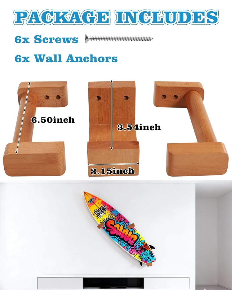Adjustable Beech Wood Surfboard Wall Mount Rack Holds Up to 70 lbs