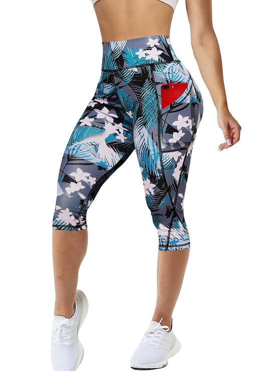 AGSWQ Capri Leggings with Pockets for Women High Waisted Workout Yoga Pants Running Tights Capri Floral L