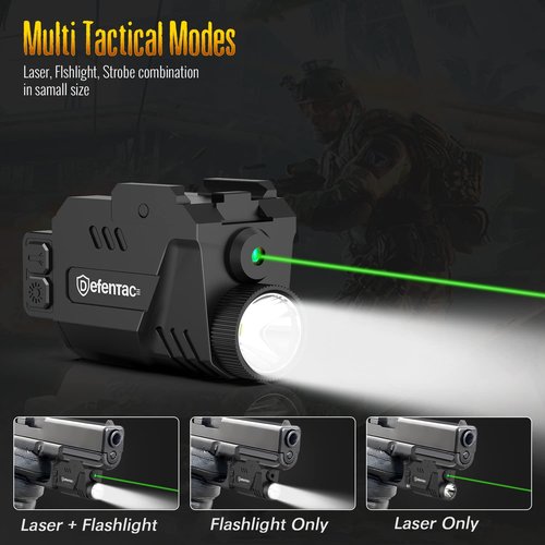 DEFENTAC Pistol Laser Light Combo 680 Lumens, Strobe Tactical Flashlight with Green Beams for Guns W/a Rail, Magnetic Rechargeable