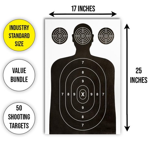 50 Pack Paper Shooting Target for Gun Range, Target Practice- (Industry Standard Size 17 X 25 inch) Silhouette Paper for Handguns, Rifles, Pistols, Airguns, BB Gun, Pellet Gun, Crossbow, Arrow