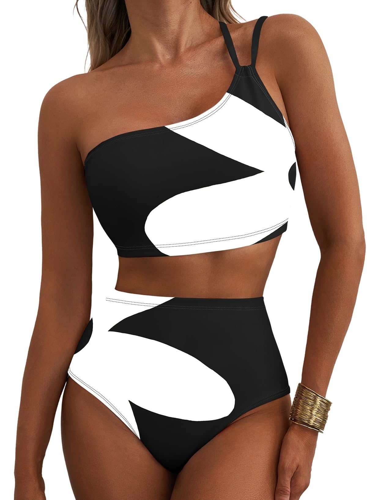 Herseas Women Bikini Sets One Shoulder Floral Print Push Up Swimsuits High Waisted Tummy Control 2 Piece Breathable Bathing Suits Cute Beach Vacation Clothes for Teens Black White Abstract Medium