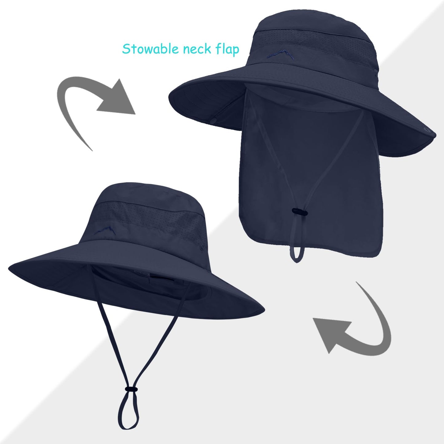 Sun Hats for Men Women, UPF50+ Protection Safari Hat,Wide Brim Fishing Hat with Neck Flap,Bucket Hats for Beach Hiking Navy