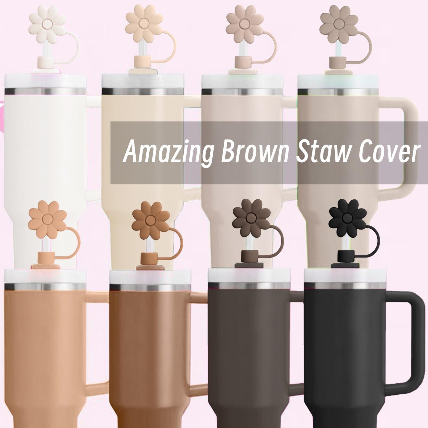 8PCS Silicone Straw Covers Toppers for Stanley Cups 30&40 Oz Tumbler Accessories Flower Straw Caps Brown Dust-Proof Reusable Straw Tips Protectors for Stanley Cup with Handle 10mm 0.4in Straws