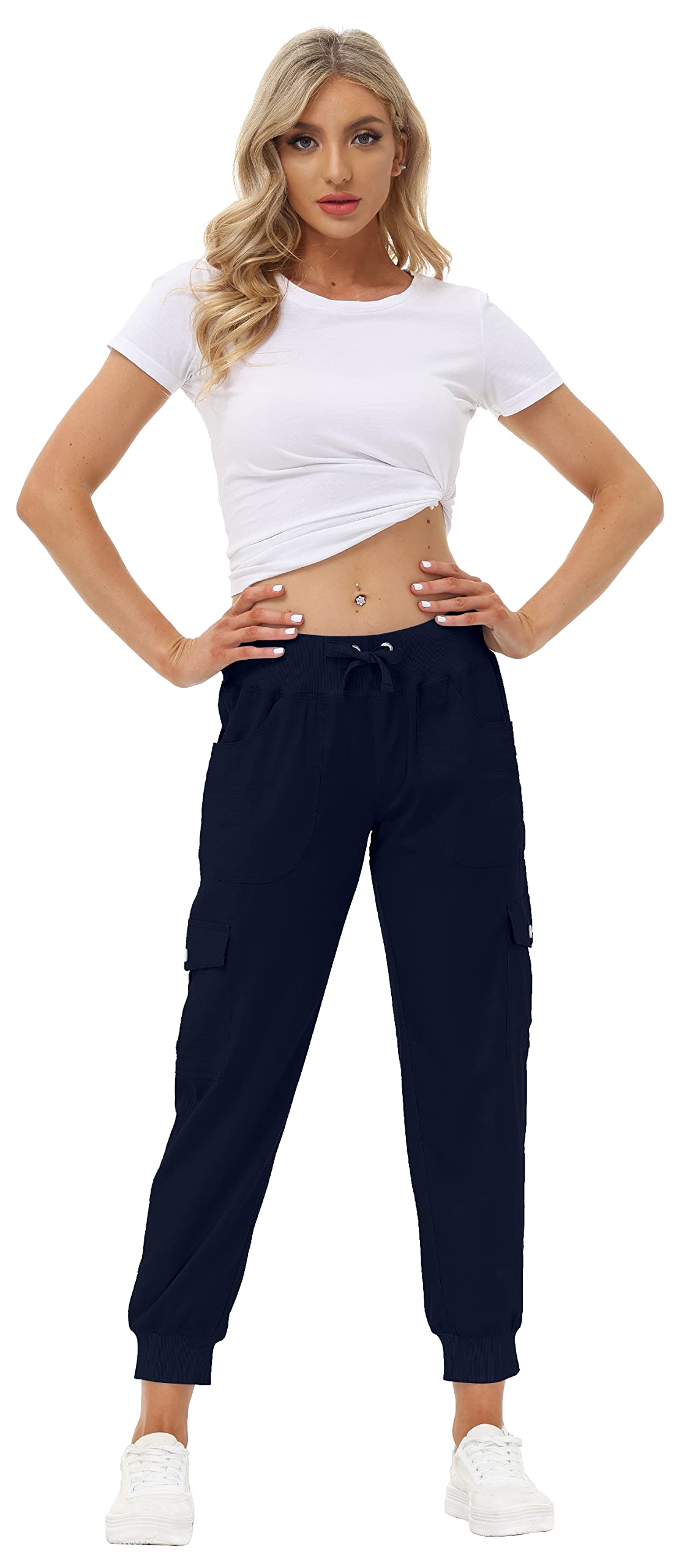 MoFiz Women Cargo Pants with Pockets Lightweight Outdoor Summer Travel Casual Hiking Pants Running Joggers Sweatpants Elastic Waist Navy XL