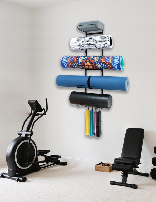 MRZZATA 5-Tiers Yoga Mat Holder Wall Mount, Metal Storage Rack for Yoga Mat/Wheels, Foam Roller and Block, Wall Rack with 4-Hooks for Hanging Stretching Strap, Resistance Bands