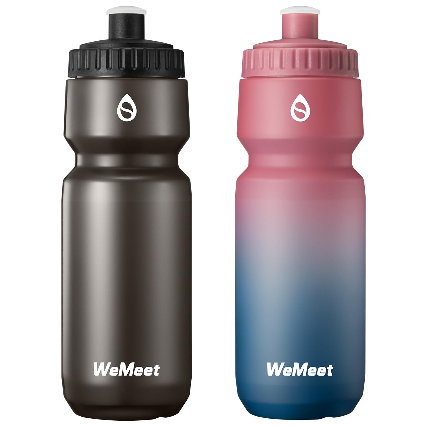 WEMEET Mountain Bike Water Bottle 2-Pack, Sport Squeeze Bottle with Capacity Scale, LeakProof, BPA Free, for Cycling, Gym, Outdoors (Black & Red Blue, 24oz)