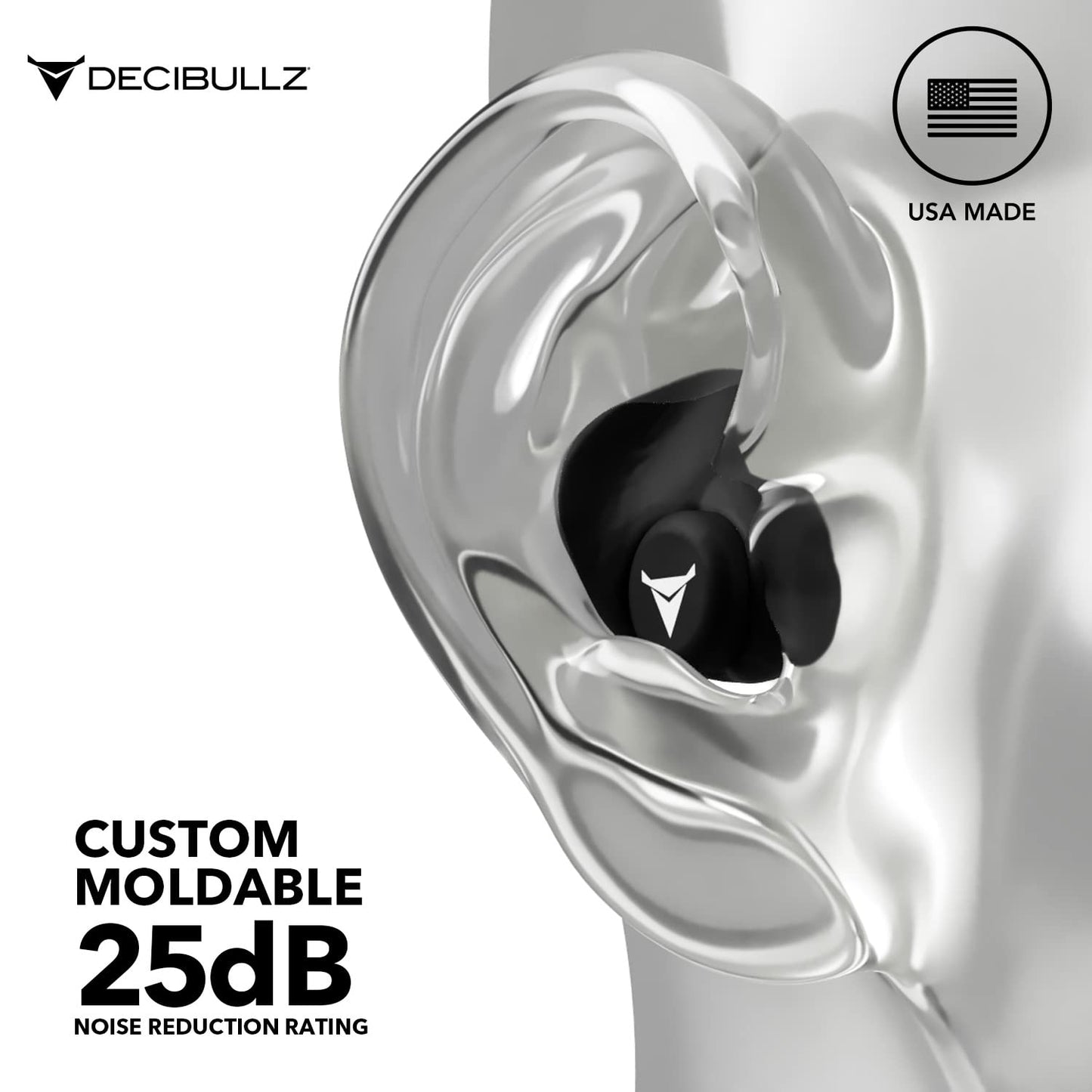 Decibullz 25-Decibel Noise-Reduction Earplugs for Hearing Protection, Custom-Molded Reusable Earplugs for Noise Sensitivity & Flights, White