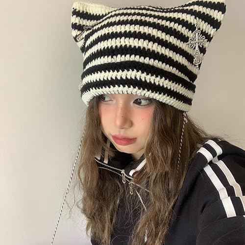 Y2k Beanies Crochet Knitted Cat Hats Goth Cross Devil Hat Striped Alt Emo Accessories Grunge Y2k Aesthetic Clothes