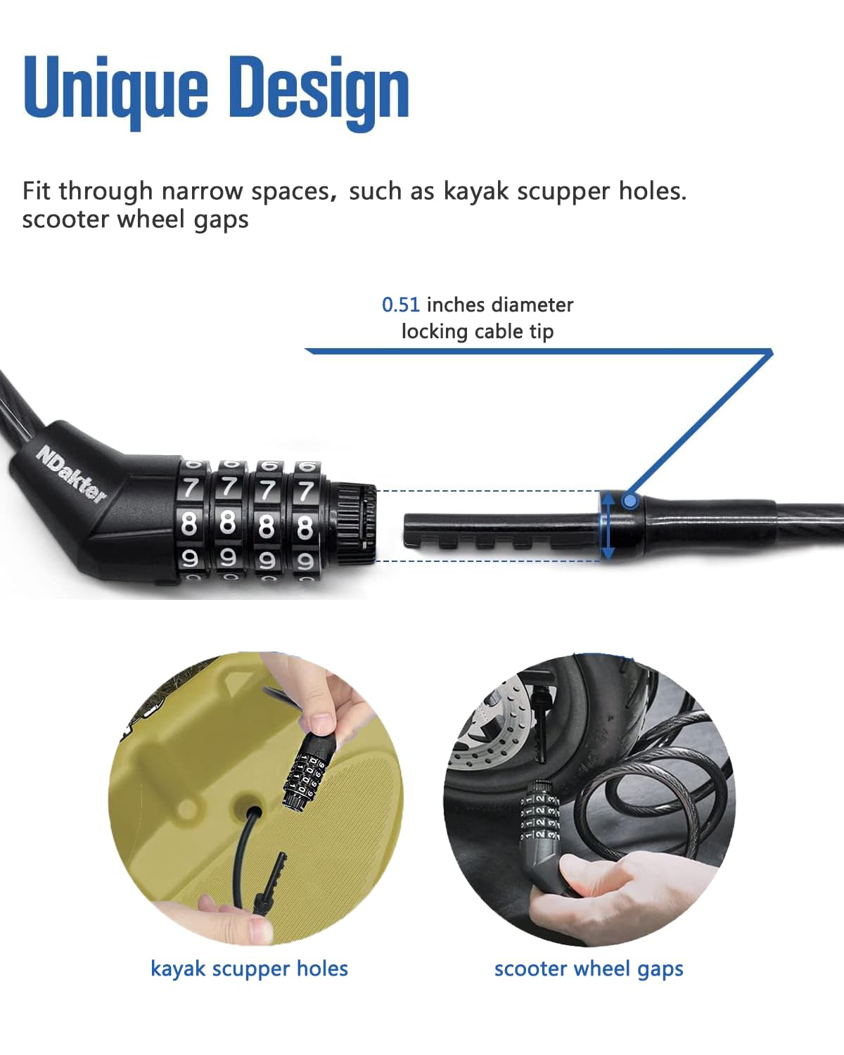 NDakte Bike Lock, Extra Long Straight Cable Lock (6FT, 12FT, 18FT, 22FT, 27ft) with Resettable Combination, Unique Narrow Designed for Kayaks, Scooters, Paddle Boards and Outdoor Gear