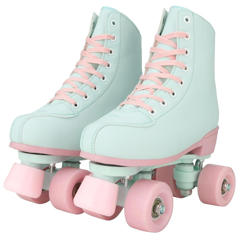 XUDREZ Light Green PU Roller Skates for Girls & Women, Pink Light-Up Wheels, Age 6-12, 37-US