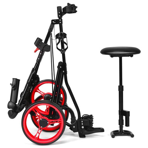 GYMAX Golf Cart, Foldable 3 Wheel Golf Push Cart with Detachable Seat, Umbrella Holder & Scoreboard, Portable Lightweight Golf Pull Cart, Golf Bag Trolley for Golf Clubs (Red)