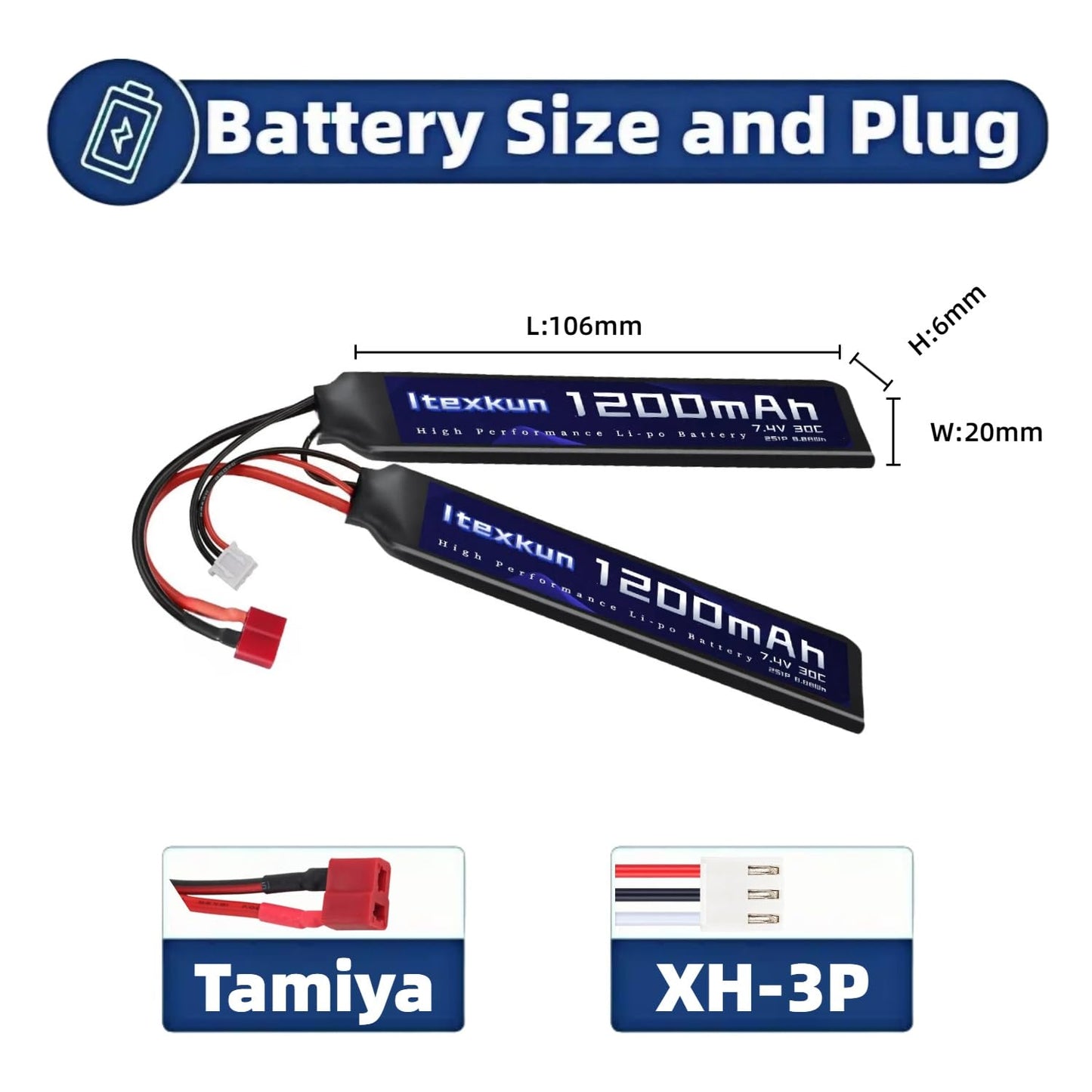Itexkun 7.4V 1200mAh Airsoft Lipo Battery T Plug Rechargeable 30C High Discharge Rate Lipo Battery with Charger for Airsoft Model Guns