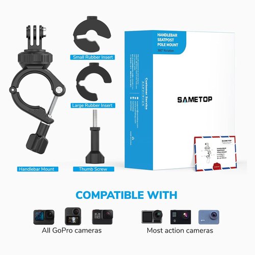 Sametop Handlebar Bike Pole Mount Motorcycle Clamp Mount Compatible with GoPro Hero 13 12 11 10 9 8 7 6 5 Session DJI Action Cameras - 360 Degree Rotation