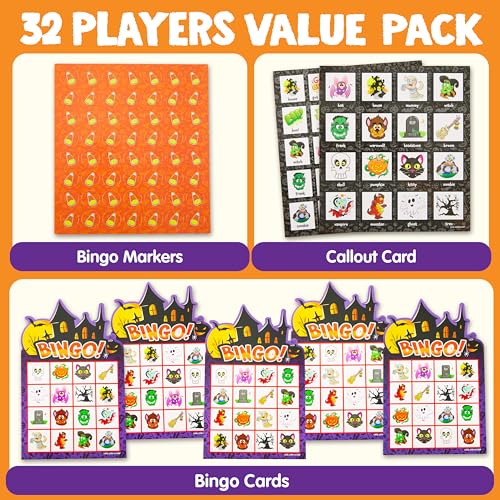 Halloween Bingo Game - Castle Variation, 32 Kids Bingo Cards for Large Groups & Parties