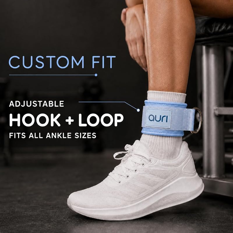 Ankle Strap for Cable Machine - Padded Neoprene Cuff with Stainless Steel D-Ring, Skye Blue - Pair