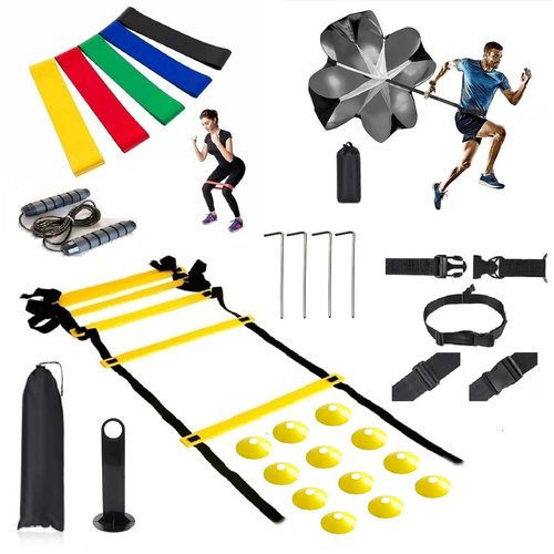 Speed Training Equipment Set, 12 rungs Agility Ladder, 12 Soccer Cones, Jump Rope, Running Parachute, Resistance Bands, Basketball Football Soccer Training Equipment for Kids Youth Adults (Yellow)